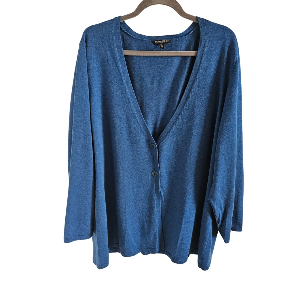 Eileen Fisher Woman Blue Merino Wool Pleated Back V-Neck Cardigan 3X Luxury